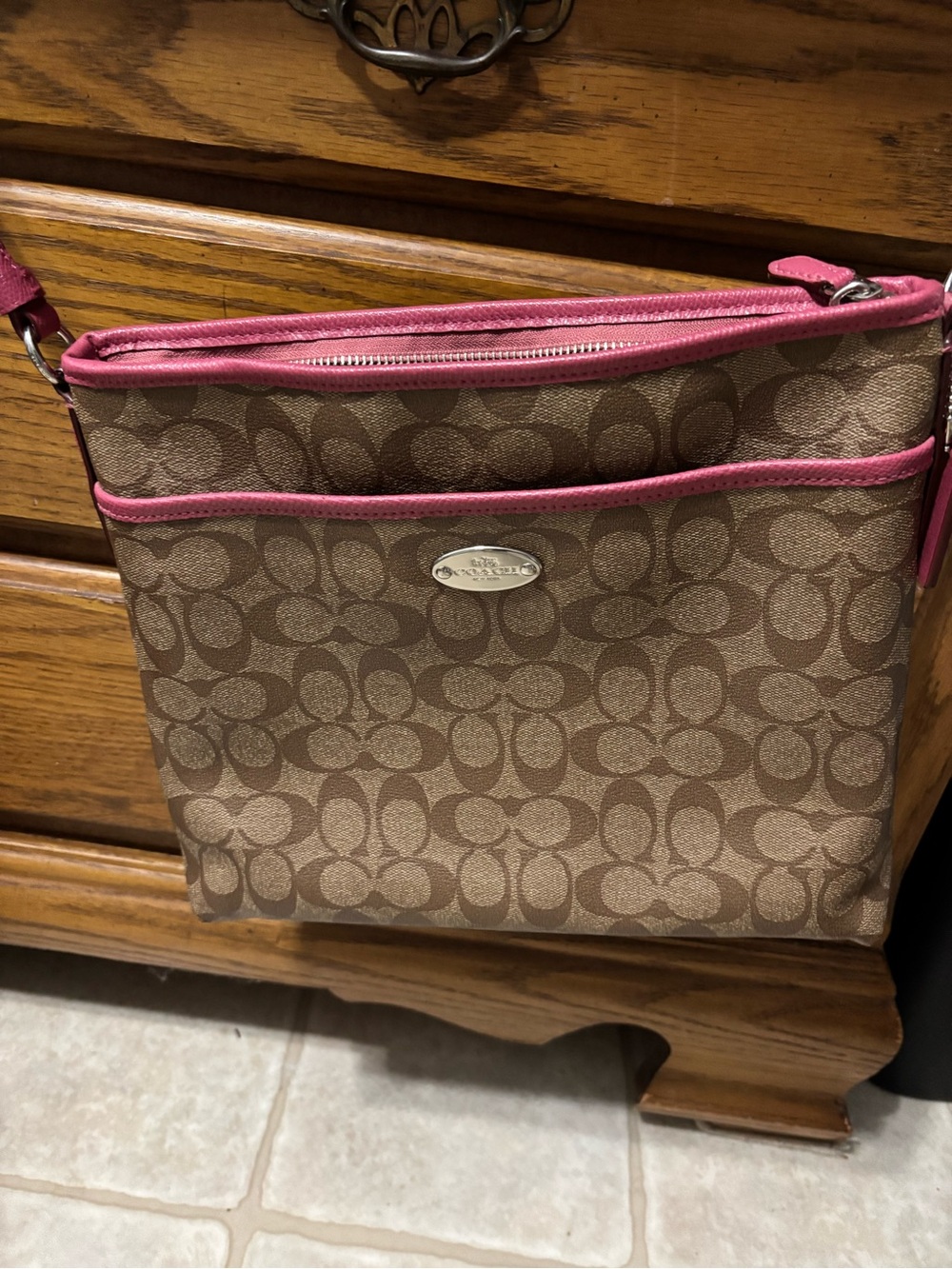 Coach Brown Signature Crossbody with Pink Trim, vintage
